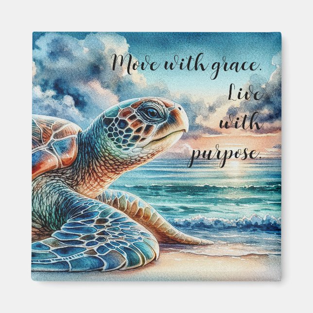 Aimant Tortue de mer verte à l'aquarelle - Plage de sable (Devant)