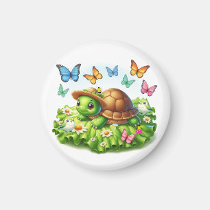 Aimant Tortue et oiseaux dans un jardin fantaisiste