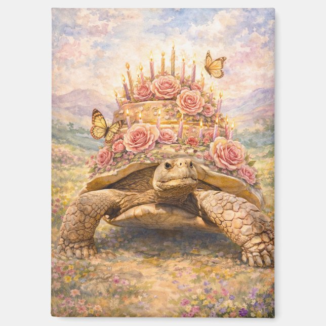 Aimant Tortue Sulcata Roses d'anniversaire et papillons (Recto)