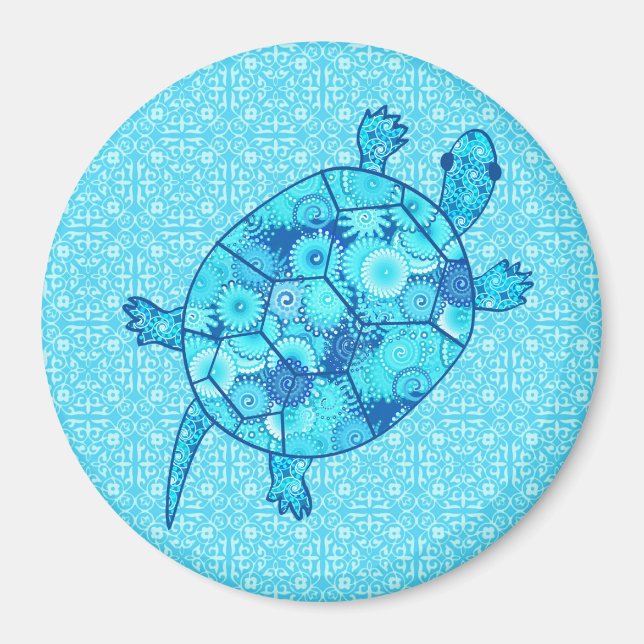 Aimant Tortue tourbée fractale - cobalt et bleu turquoise (Devant)