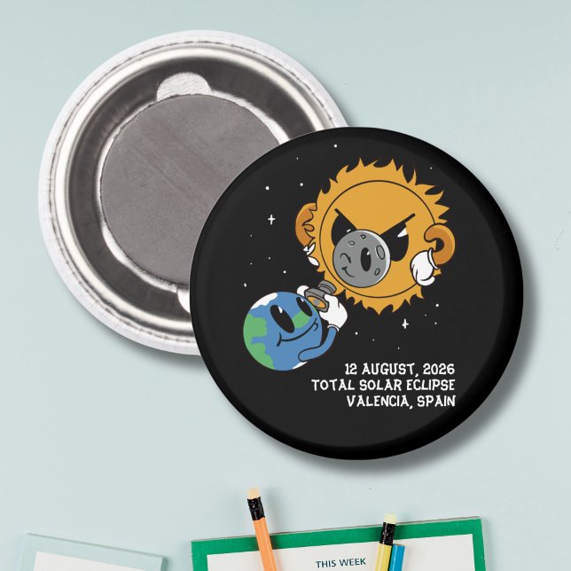 Aimant Total Solar Eclipse 2026 Spain Photobomb (Change city to personalize.  All text editable, matching items available)