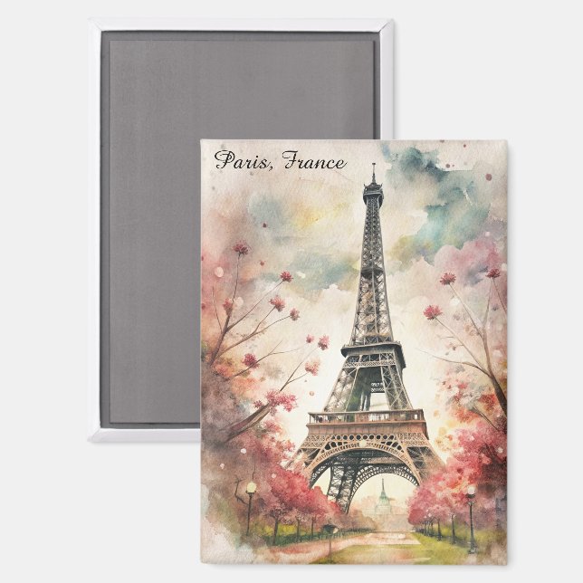 Aimant Tour Eiffel romantique de Paris aquarelle florale (Recto/Verso)