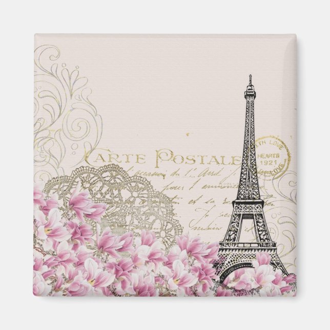 Aimant Tour Eiffel vintage avec Fleurs sauvages roses (Devant)