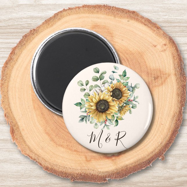 Aimant Tournesol vintage aquarelle monogrammé (Close up on wood)