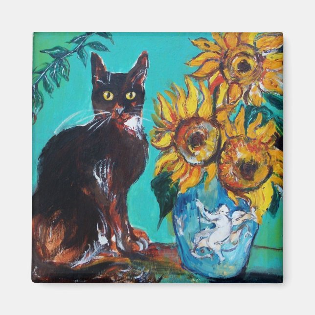 AIMANT TOURNESOLS AVEC CHAT NOIR EN TURQUOISE BLEU (Devant)