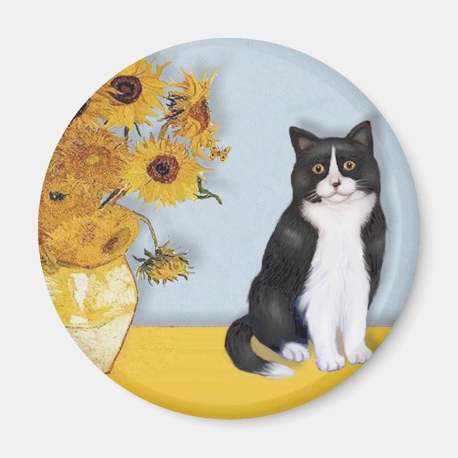 Aimant Tournesols - Chat noir et blanc (Devant)