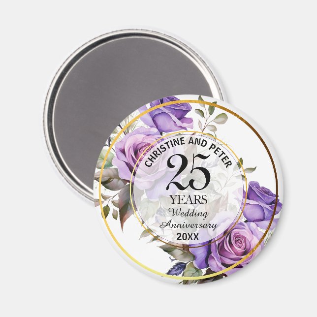 Aimant Tout Mariage (25) Gold Frame Roses Anniversaire (Recto/Verso)