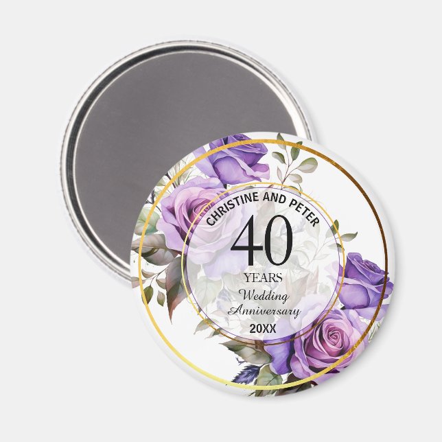 Aimant Tout Mariage Gold Frame Purple Rose Anniversaire (Recto/Verso)