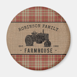 Aimant Tracteur agricole famille Rouge Plaid Burlap Round