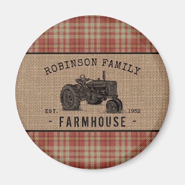 Aimant Tracteur agricole famille Rouge Plaid Burlap Round (Devant)