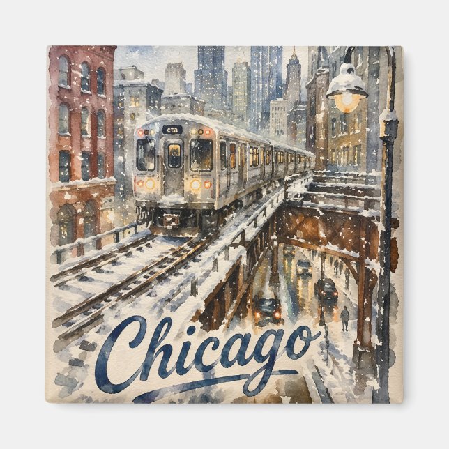 Aimant Train de l'El de Chicago dans la neige d'hiver (Devant)