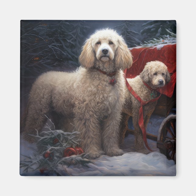 Aimant Traîneau enneigé de caniche décoration de Noël (Devant)