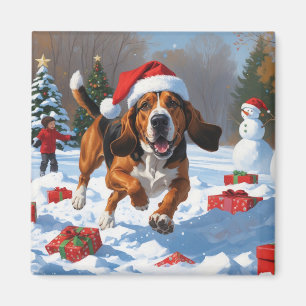 Aimant Treeing Walker Coonhound enneigé avec un chapeau d
