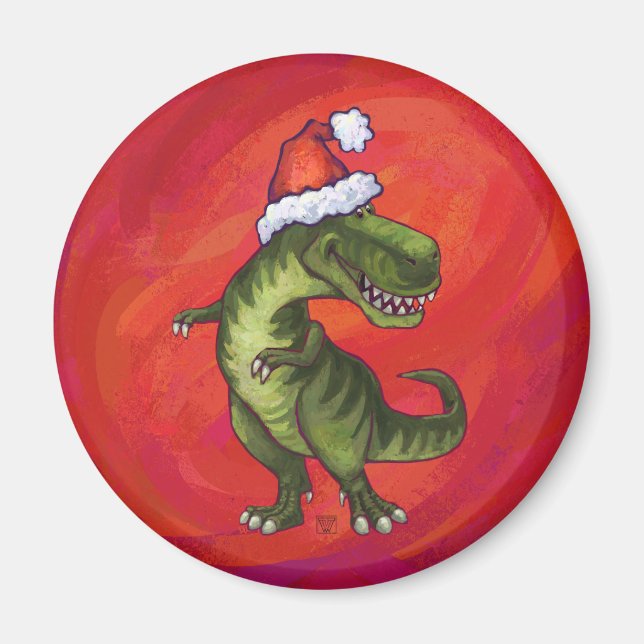 Aimant TRex Dino à Santa Hat sur Red (Devant)