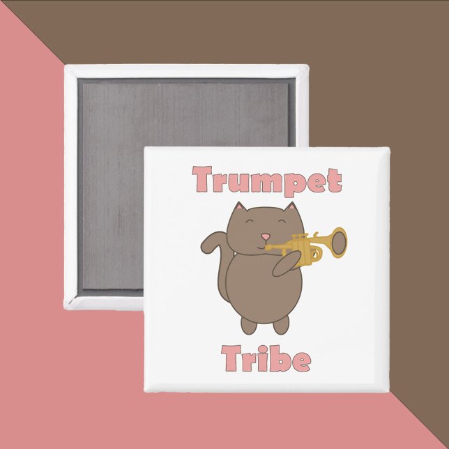 Aimant Tribu Trompette Chat Rose (A magnet featuring a brown cat playing the trumpet and the words trumpet tribe in pink.)