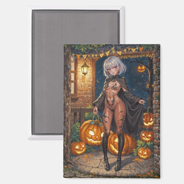 Aimant Trick or Treater, courageuse fille en costume d'Ha (Recto/Verso)