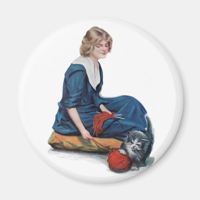 Aimant Tricot vintage Blonde avec Kitten (Devant)