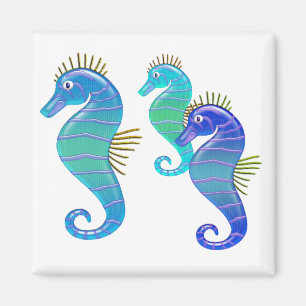 Aimant Trio d'hippocampe en verre souillé de bleu et de