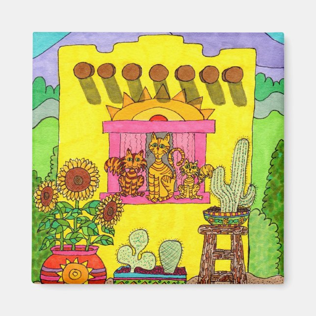 Aimant Trois chats dans un Adobe House jaune (Devant)