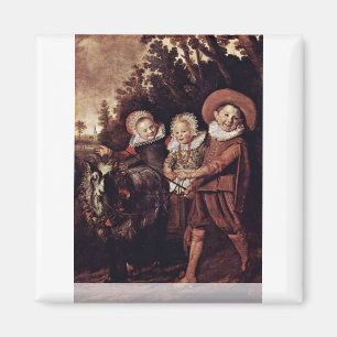 Aimant Trois enfants avec la chèvre et le chariot par