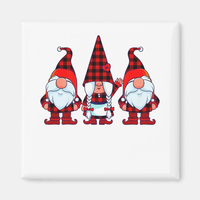 Aimant Trois Gnomes à Buffalo Plaid Noël Gnome Xmas (Devant)