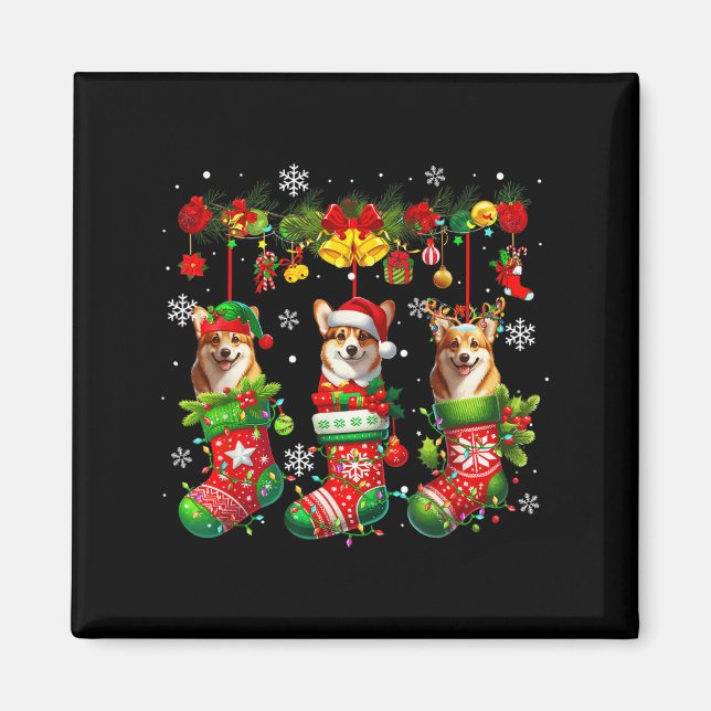 Aimant Trois Père Noël Elf Corgis dans Xmas Chaussettes P (Devant)