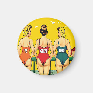 Aimant Trois pin-up filles de derrière, humour de plage, 