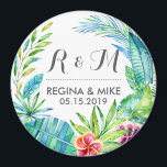 Aimant Tropical Flower and Leaves Wreath Spring Wedding<br><div class="desc">This vintage and rustic watercolor tropical flower and leaves wreath illustration is perfect for wedding, bridal shower, engagement party and anniversary celebration party favor. Get this chic and elegant floral design for your outdoor spring wedding, in the country or at a romantic botanical garden. Personalize the text using hand lettering...</div>