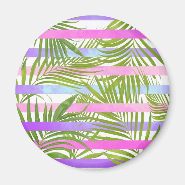 Aimant Tropical palm trees modern pink violet stripes (Devant)