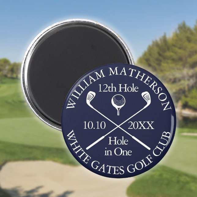 Aimant Trou de golf en un bleu marine personnalisé (Golf Hole In One Personalized Navy Blue Magnet)
