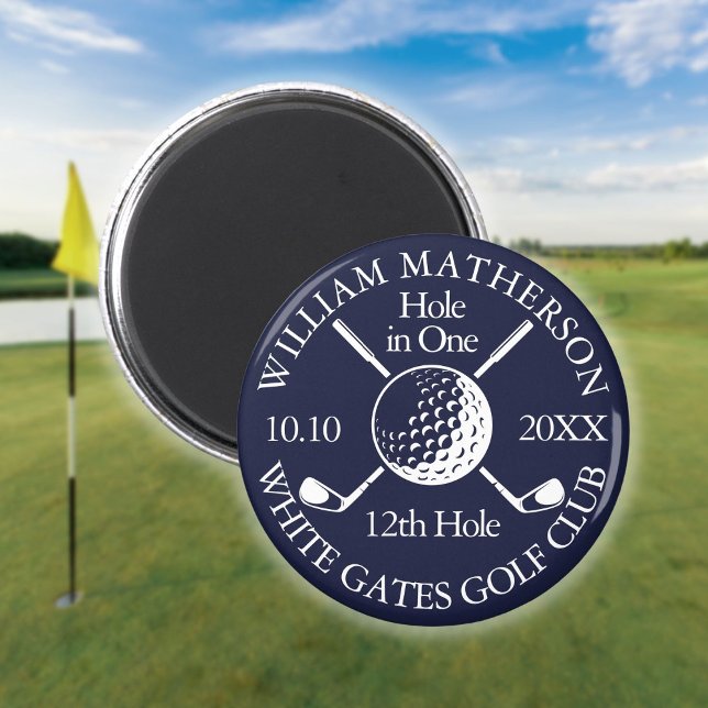 Aimant Trou en une balle de golf et clubs Navy Blue (Hole in One Golf Ball And Clubs Navy Blue Magnet)
