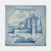 Tuile de Delft montrant un pont-levis au-dessus d'