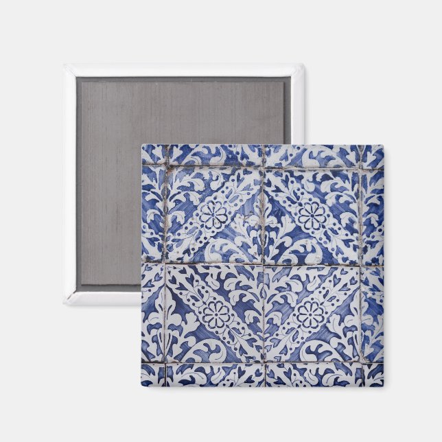 Aimant Tuiles portugaises - Azulejo Floral bleu et blanc (Recto/Verso)