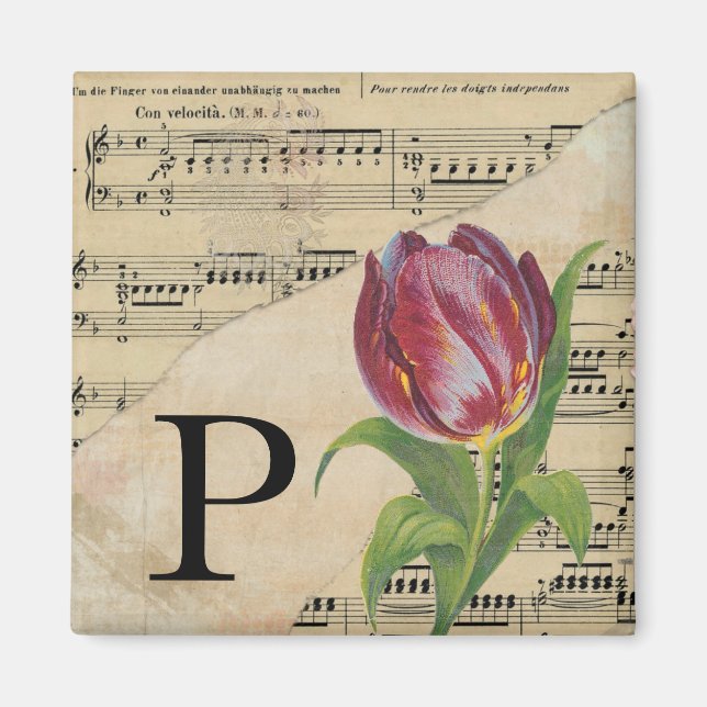 Aimant Tulipe violet feuille de musique Monogramme initia (Devant)