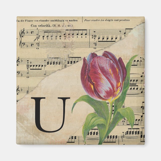Aimant Tulipe violet feuille de musique Monogramme initia (Devant)