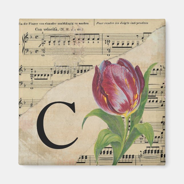 Aimant Tulipe violette Feuille de musique Monogramme init (Devant)