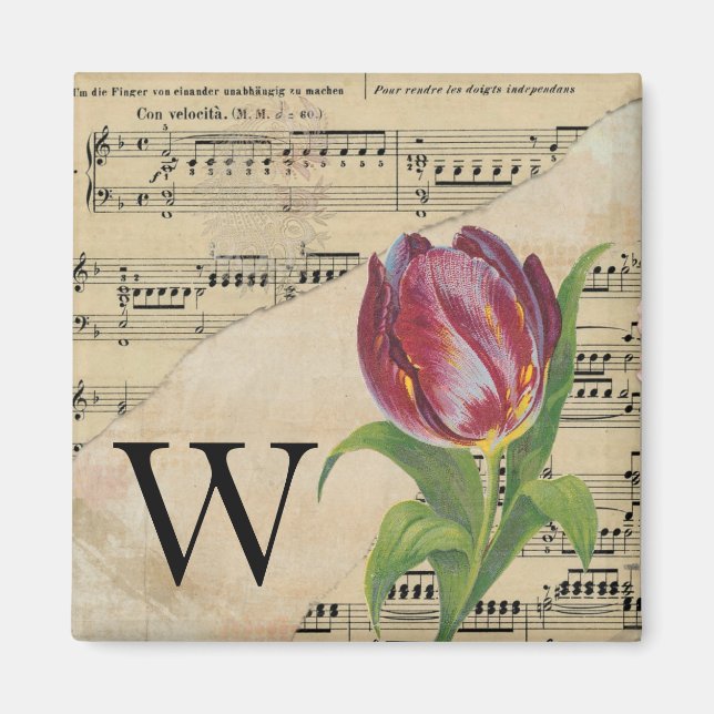 Aimant Tulipe violette feuille musique Monogramme initial (Devant)