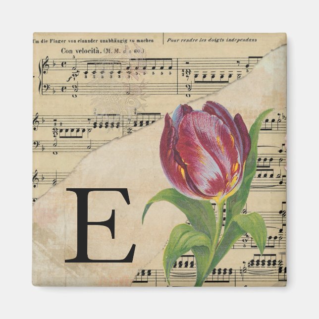 Aimant Tulipe violette feuille musique Monogramme initial (Devant)