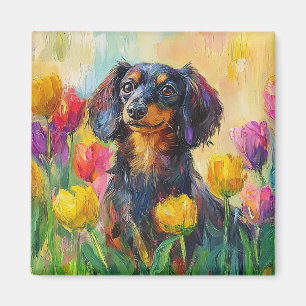 Aimant Tulipes colorées Dachshund mignonne Peinture