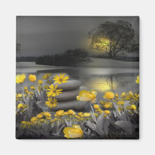 Aimant Tulipes gris et jaunes, marguerites au coucher du