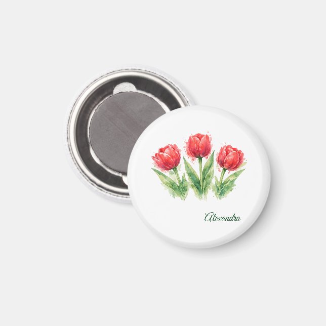 Aimant Tulipes rouges aquarelle personnalisées (Recto/Verso)