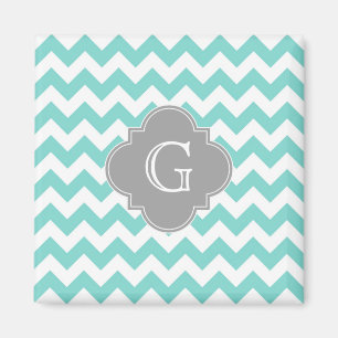 Aimant Turq/Aqua White Chevron Gray Quatrefoil monogram