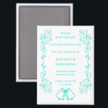 Aimant Turquoise Bells Scrollwork Wedding Enregistrer La<br><div class="desc">Mariage enregistrer la conception des cloches magnétiques de date. Customisez ce mariage aux couleurs turquoise enregistrez l'aimant de date avec vos détails mariages. Si vous avez besoin d'aide pour vous customiser,  contactez-nous via le lien de cette page. Cloches de couleur bleue design mariage personnalisé enregistrer la date aimant</div>