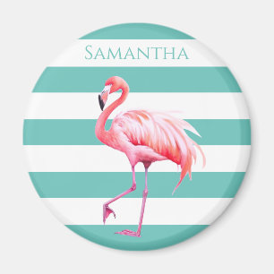 Aimant Turquoise Blanc Stripe Cute Flamant rose Tropical