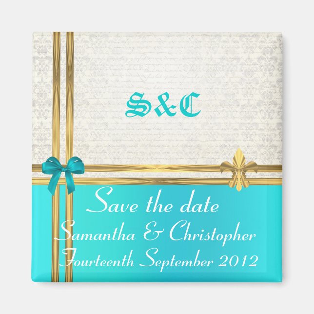 Aimant Turquoise et or sur damask enregistrer la date (Devant)
