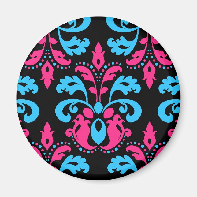 Aimant Turquoise rose chaud et damas noir (Devant)