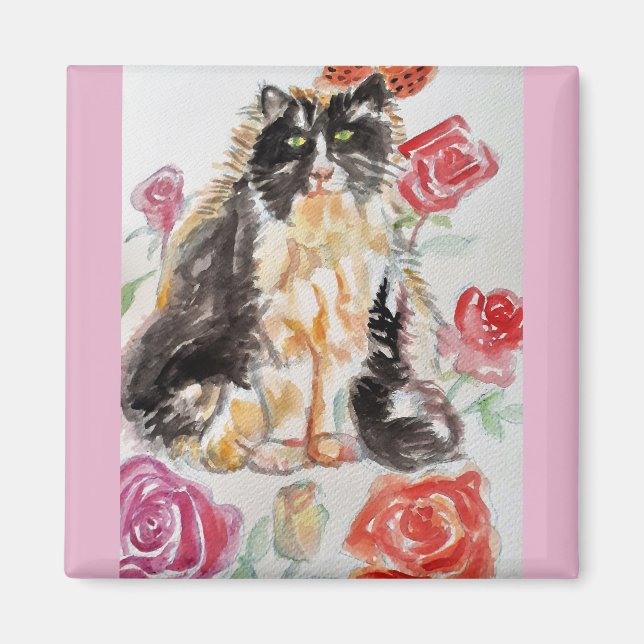 Aimant Tuxedo Chat Cute Rose Fleurs Chats Aquarelle Rose (Devant)