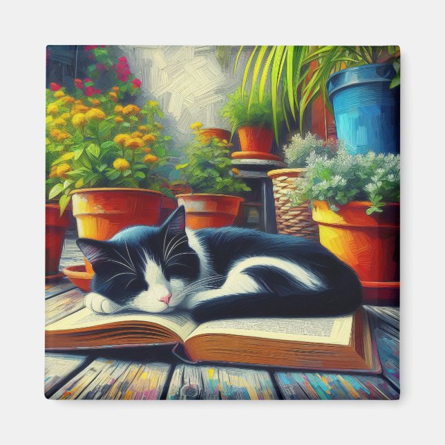 Aimant Tuxedo Chat dormir sur un livre Jardin Peinture (Devant)