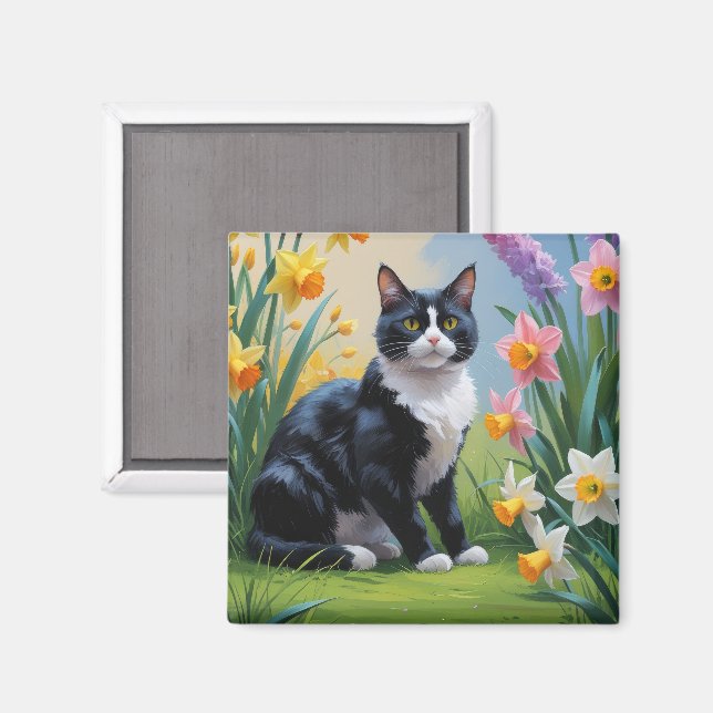 Aimant Tuxedo Chat Fleurs de Printemps Peinture (Recto/Verso)