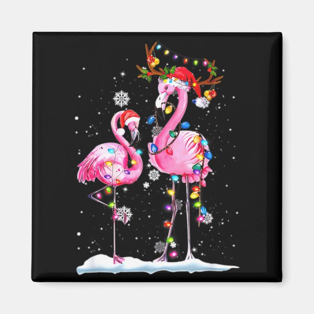 Aimant Two Flamingo With Santa Hat And Lights Merry Chris (Devant)